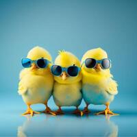 tre giallo pulcini con blu occhiali da sole scoppio, studio blu sfondo. Pasqua concetto, generativo ai foto