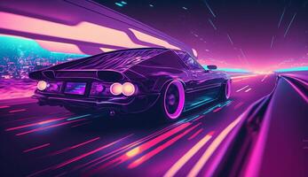 cyberpunk futuristico retrò onda synth onda macchina, retrò gli sport auto con neon controluce contorni, generativo ai foto