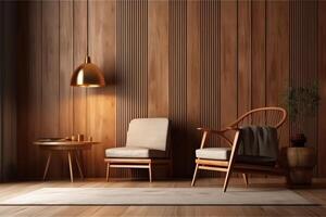 vuoto moderno camera interno finto su con di legno decorativo pannello su il parete e di legno sedia con coperta vivente camera interno sfondo 3d resa. ai generato foto