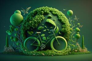 mondo bicicletta giorno su verde sfondo, eco amichevole bicicletta concetto. generativo ai foto