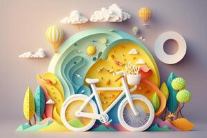 mondo bicicletta giorno colorato sfondo nel carta tagliare stile. eco amichevole bicicletta concetto. generativo ai foto