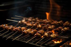 avvicinamento di yakitori spiedini frizzante su un' carbone griglia con Fumo crescente e fiamme tremolante nel il sfondo. ai generato foto