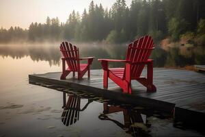 Due rosso adirondack sedie su un' di legno bacino su un' lago. ai generato foto