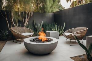 all'aperto Giardino dietro la casa fuoco fossa con grigio moderno mobilia all'aperto sedie posti a sedere su un' tramonto Residenziale Casa terrazza. ai generato foto