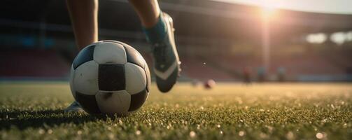 calcio o calcio giocatore giocando con il palla nel stadio. generativo ai foto