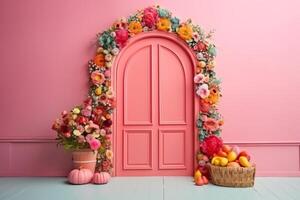 morbido davanti angolo parete isolato rosa fienile porta anguria arco telaio con molti colorato fiori vaso fiori colorato erba. ai generato foto