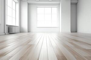 interno spazio vuoto bianca camera sfondo con un' legna pavimento 3d rendere. ai generato foto