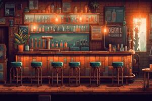interno di un' bar con un' contatore bevande e sgabelli fatto di legna pixel arte stile ai digitale illustrazione. ai generato foto