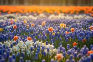 bellissimo campo di primavera fiori con Narciso tulipani e muscari. ai generato foto