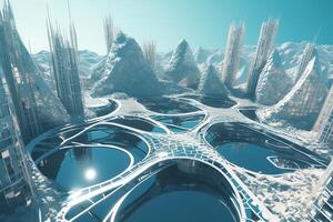 aereo Visualizza di futuristico città metaverso soleggiato giorno parametrico edifici Immagine. ai generato foto