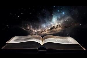 Aperto libro con galassia latteo modo stelle altro dimensione nube spazio. ai generato foto