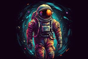 astronauta nel un' tuta spaziale per ming un' passeggiata nello spazio contro il sfondo di stelle e pianeti colorato illustrazione umano volo spaziale. ai generato foto