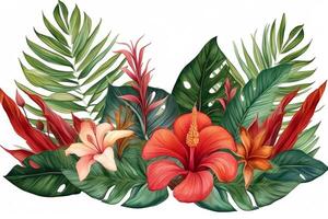 tropicale le foglie e fiore telaio acquerello palma foglia Monstera Banana rosso ibisco. ai generato foto