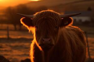 Scozzese montanaro mucca nel il tramonto. ai generato foto