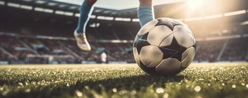 calcio o calcio giocatore giocando con il palla nel stadio. generativo ai foto