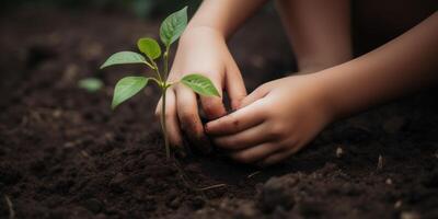 umano mano piantare un' albero, mondo ambiente giorno concetto. generativo ai foto