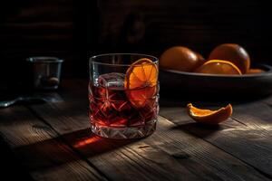 negroni cocktail con arancia sbucciare su un' buio di legno tavolo. ai generato foto