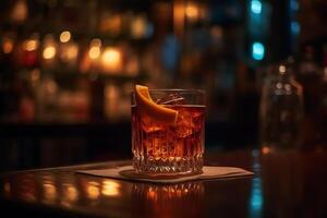 vicino su di un' negroni cocktail a Vintage ▾ bar bokeh luce. ai generato foto