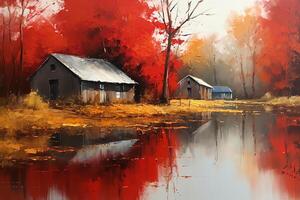 un' pittura di rosso fienili di il lago. ai generato foto