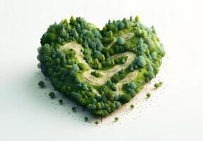 cuore forma fatto di alberi, terra giorno. generativo ai foto