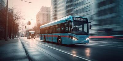 autobus guida su il strada con paesaggio urbano movimento sfocatura sfondo. in viaggio e trasporto. generativo ai foto