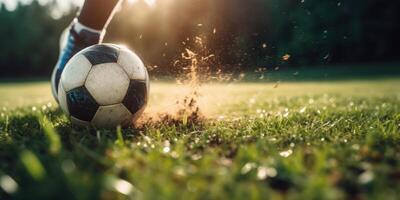 calcio o calcio giocatore giocando con il palla nel stadio. generativo ai foto