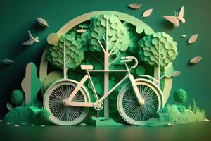 mondo bicicletta giorno su verde sfondo, eco amichevole bicicletta concetto. generativo ai foto