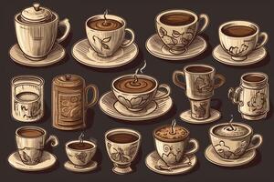 caffè impostato illustrazioni di vario caffè e caffè tazze cartone tazze caffè con crema tazze e caffè brocca. ai generato foto