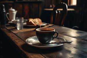 caffè boccale su un' di legno tavolo nel un' francese cena. ai generato foto