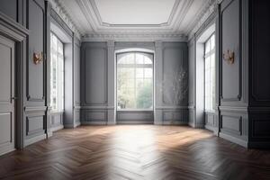 classico vuoto camera interno 3d rendere il camere avere di legno piani e grigio muri decorare con bianca modanatura Là siamo bianca finestra guardare su per il natura Visualizza. ai generato foto