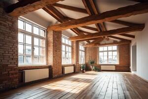 vuoto camera soffitta interno con grande finestra bianca muri mattoni di legno travi e pavimento. ai generato foto