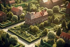 un' 3d illustrazione di case con grande giardini. ai generato foto