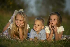 sorelle e poco fratello menzogna su il erba. bambini giocare nel il prato. un' contento famiglia. foto