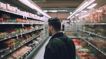 un' uomo Selezione il migliore produrre nel il supermercato. generativo ai foto