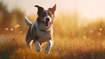 un' contento cane saltare con diletto attraverso il illuminata dal sole campo. generativo ai foto