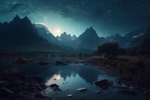 futuristico fantasia scifi paesaggio montagne lago con grande pianeta galassia con leggero riflessione nel acqua. ai generato foto