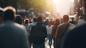 città vita nel movimento. un' bokeh sfocatura di persone a piedi attraverso il occupato strade. generativo ai foto