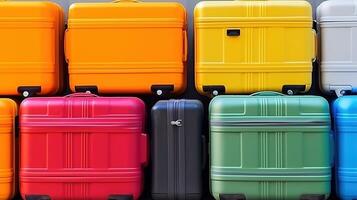 colorato bagaglio a il aeroporto per vacanza avventure. generativo ai foto