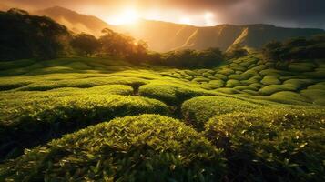bellezza di illuminata dal sole tè i campi nel un' sereno e tranquillo rurale paesaggio. generativo ai foto