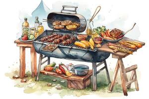 acquerello illustrazione di un' barbecue con un' griglia cibo e bevande. ai generato foto