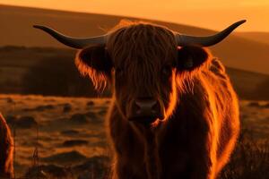 Scozzese montanaro mucca nel il tramonto. ai generato foto