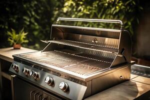 vicino su Visualizza di barbecue griglia nel il moderno Giardino dietro la casa. ai generato foto