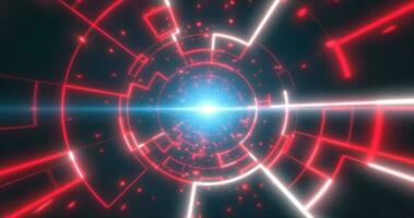 astratto rosso raggiante neon laser tunnel futuristico hi-tech con energia Linee e volante frammenti di particelle, astratto sfondo foto