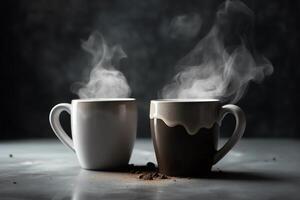 Due caffè tazze con vapore crescente su di il superiore di il tazze con un' cuore sagomato design su il al di fuori di il tazze. ai generato foto