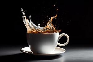 liquido caffè onda spruzzi su a partire dal un' bianca tazza tazza. ai generato foto