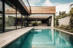 moderno terrazza all'aperto con nuoto piscina moderno Casa interno e esterno design. ai generato foto
