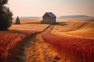 bellissimo paesaggio scena di un' azienda agricola rosso fienile Il prossimo per i campi di Grano. ai generato foto