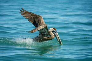 Marrone pellicano immersione. creare ai foto