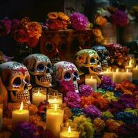 dia de los muertos teschi, fiori candele, carnevale colorato, lotto di fiore nel il sfondo, creare ai foto