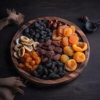 un' piatto di asciutto frutta ai generato foto